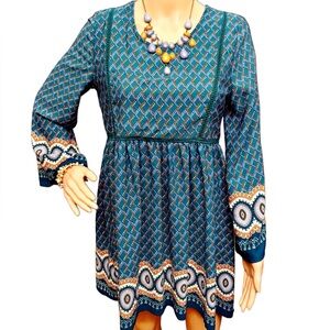 Alya Teal Green Bohemian High Waist Long Bell Sleeve Short Baby Doll Dress Sz Sm